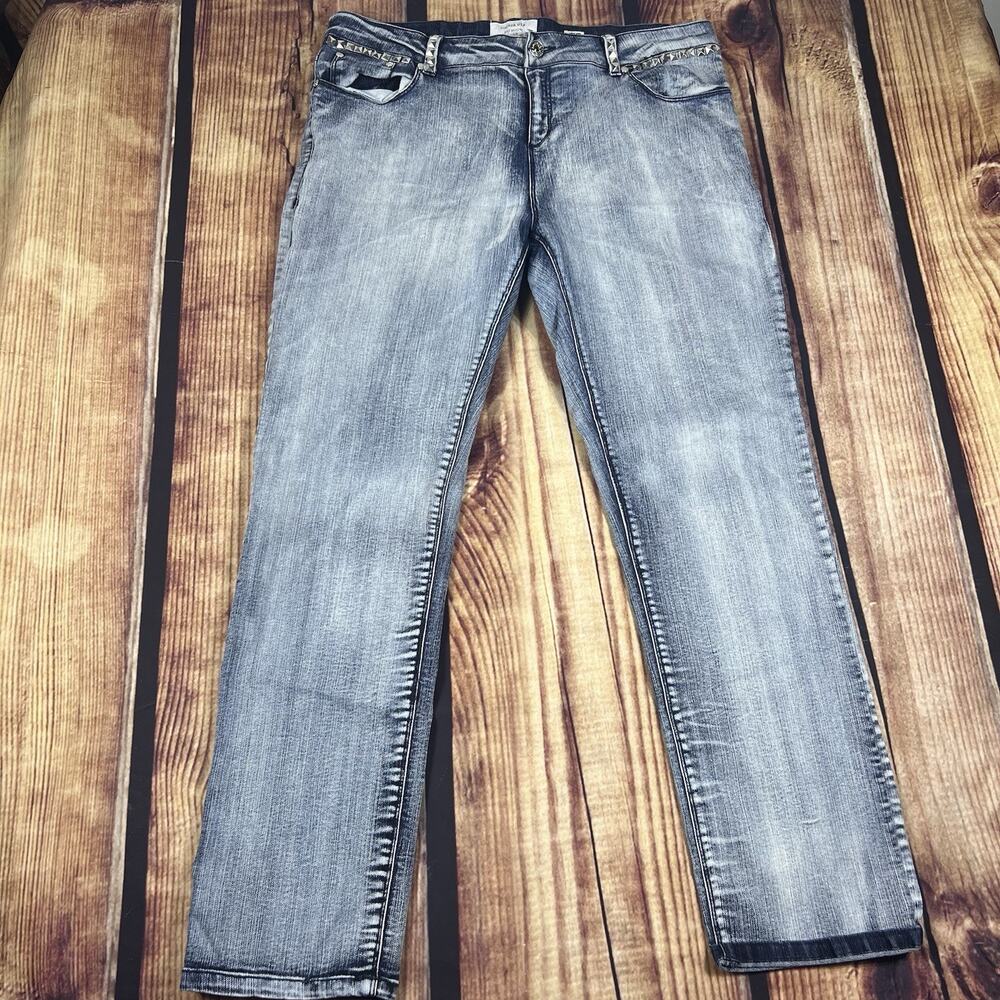 Lucaya Jeans Straight Leg Stretch Denim Womens 19 Spike Studded Stone Wash Bling